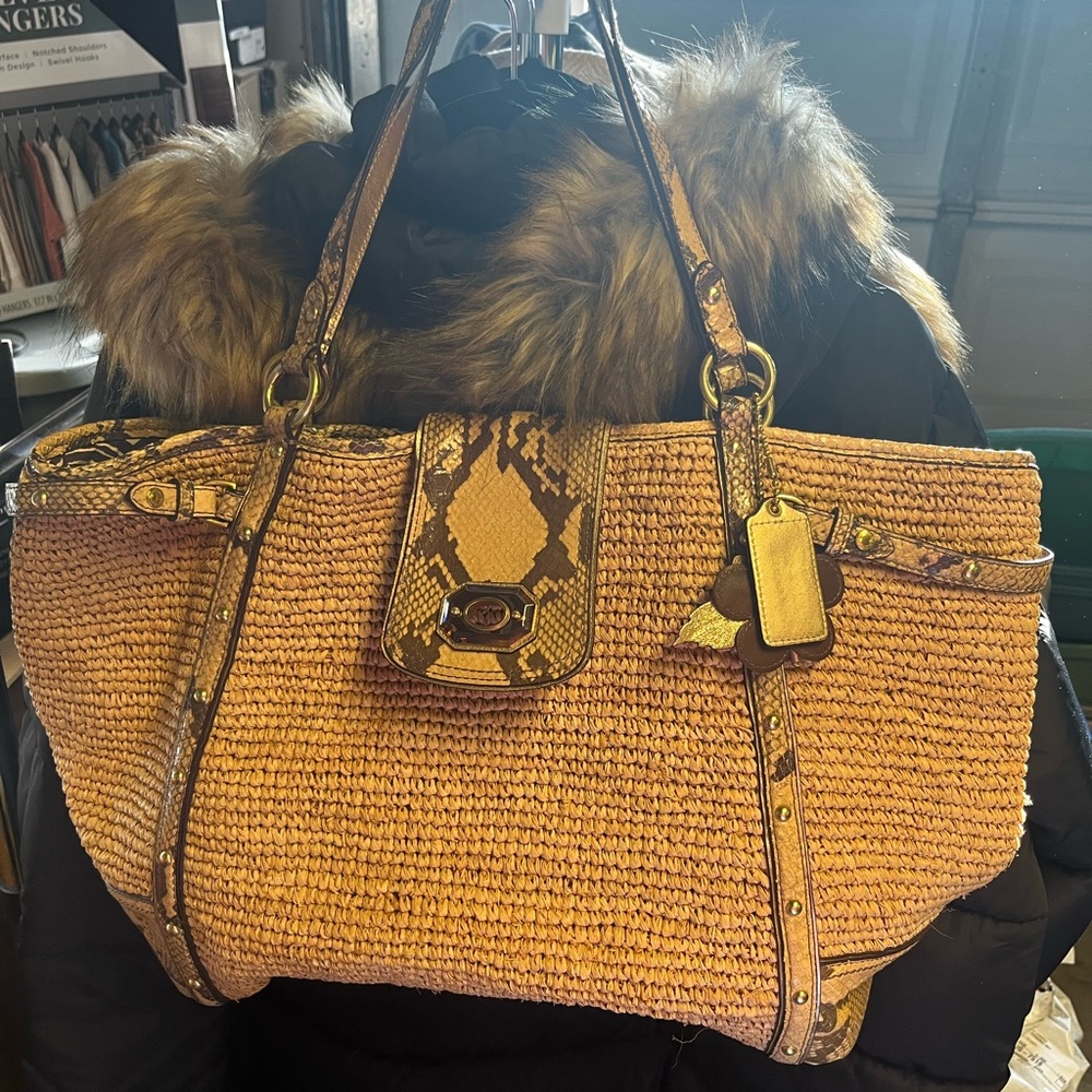 Coach Snakeskin Leather and Straw Tote Bag
